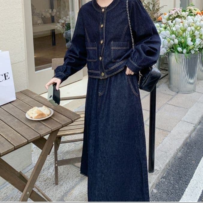 デニムセットアップ ノーカラージャケット&ハイウエストロングスカート 高級感漂うきれいめ万能2点セット