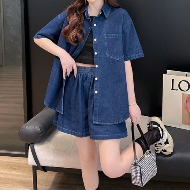 デニムセットアップ ゆったり半袖シャツ+ショートパンツ シンプルかわいい夏映え2点セット