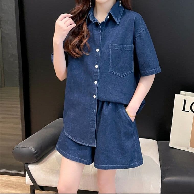 デニムセットアップ ゆったり半袖シャツ+ショートパンツ シンプルかわいい夏映え2点セット
