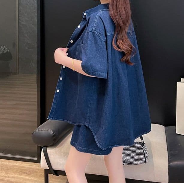 デニムセットアップ ゆったり半袖シャツ+ショートパンツ シンプルかわいい夏映え2点セット
