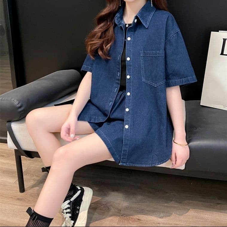 デニムセットアップ ゆったり半袖シャツ+ショートパンツ シンプルかわいい夏映え2点セット