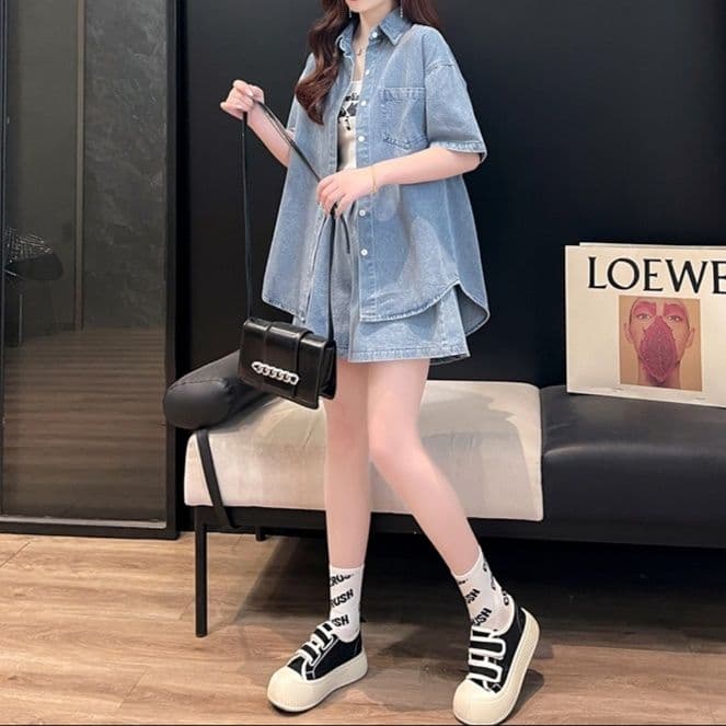 デニムセットアップ ゆったり半袖シャツ+ショートパンツ シンプルかわいい夏映え2点セット