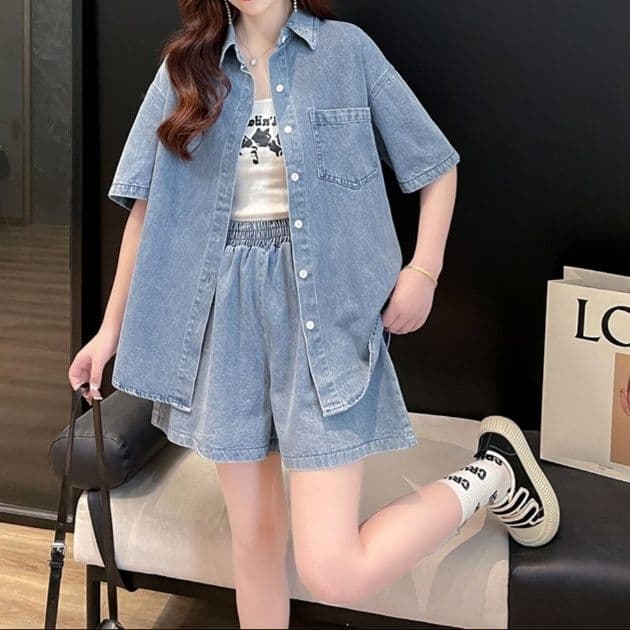 デニムセットアップ ゆったり半袖シャツ+ショートパンツ シンプルかわいい夏映え2点セット
