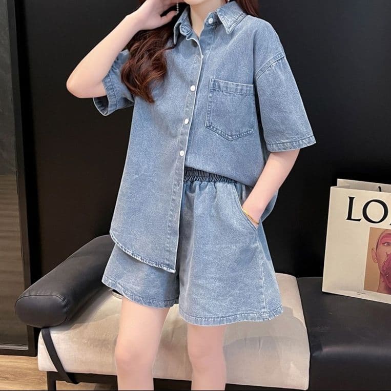 デニムセットアップ ゆったり半袖シャツ+ショートパンツ シンプルかわいい夏映え2点セット