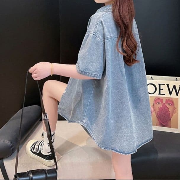 デニムセットアップ ゆったり半袖シャツ+ショートパンツ シンプルかわいい夏映え2点セット