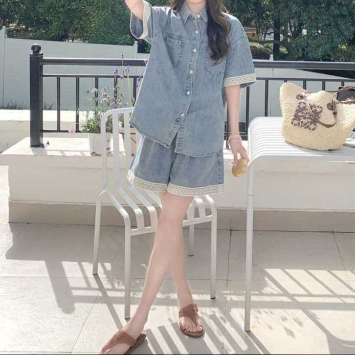 デニムセットアップ レース装飾半袖シャツ&ゆったりショートパンツ 夏の甘辛フェミニン2点セット