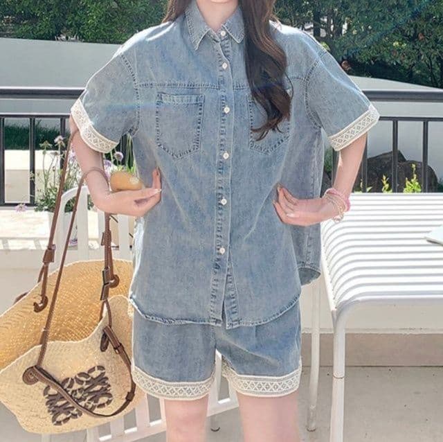 デニムセットアップ レース装飾半袖シャツ&ゆったりショートパンツ 夏の甘辛フェミニン2点セット