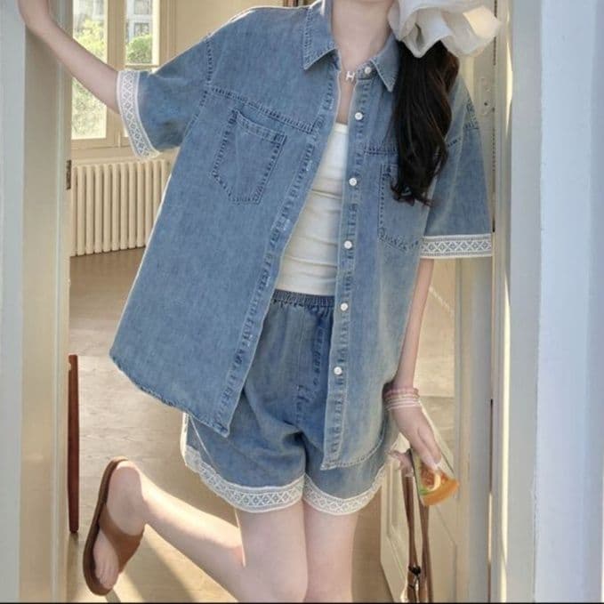 デニムセットアップ レース装飾半袖シャツ&ゆったりショートパンツ 夏の甘辛フェミニン2点セット