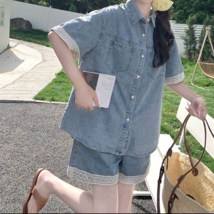 デニムセットアップ レース装飾半袖シャツ&ゆったりショートパンツ 夏の甘辛フェミニン2点セット