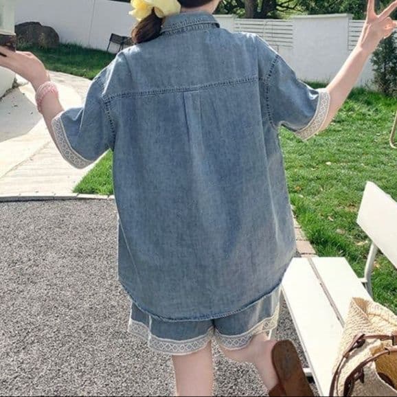 デニムセットアップ レース装飾半袖シャツ&ゆったりショートパンツ 夏の甘辛フェミニン2点セット