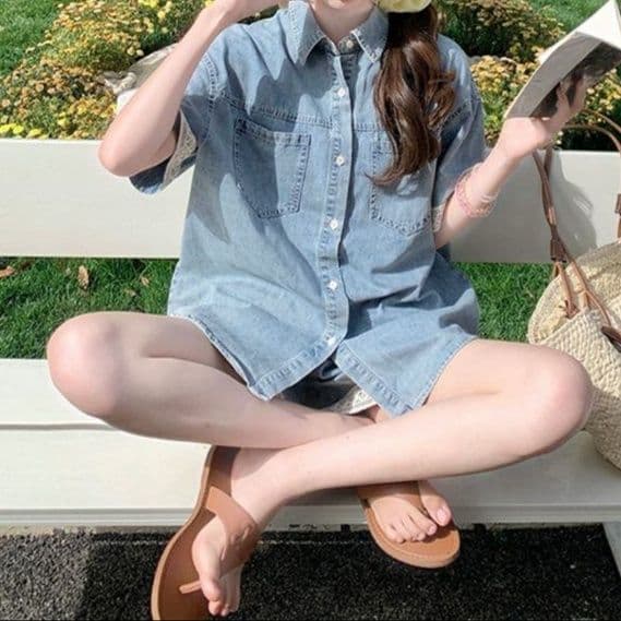 デニムセットアップ レース装飾半袖シャツ&ゆったりショートパンツ 夏の甘辛フェミニン2点セット