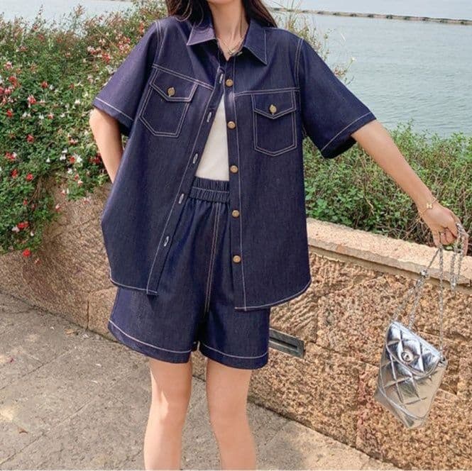 韓国風デニム半袖シャツ&ショートパンツ 夏向け 高級感漂う塩系レトロセットアップ