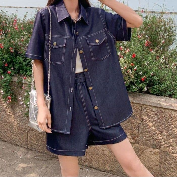 韓国風デニム半袖シャツ&ショートパンツ 夏向け 高級感漂う塩系レトロセットアップ