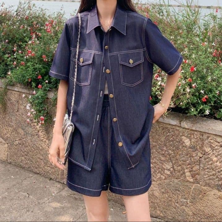 韓国風デニム半袖シャツ&ショートパンツ 夏向け 高級感漂う塩系レトロセットアップ