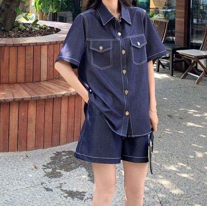 韓国風デニム半袖シャツ&ショートパンツ 夏向け 高級感漂う塩系レトロセットアップ