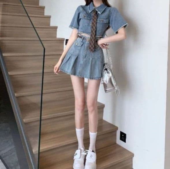 デニムセットアップ クロップド丈フリンジトップス×フレアミニスカート 学生風ガーリーカジュアル2点セット