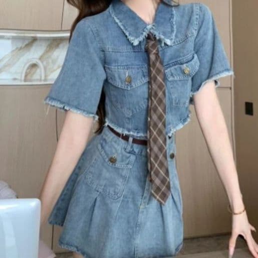 デニムセットアップ クロップド丈フリンジトップス×フレアミニスカート 学生風ガーリーカジュアル2点セット