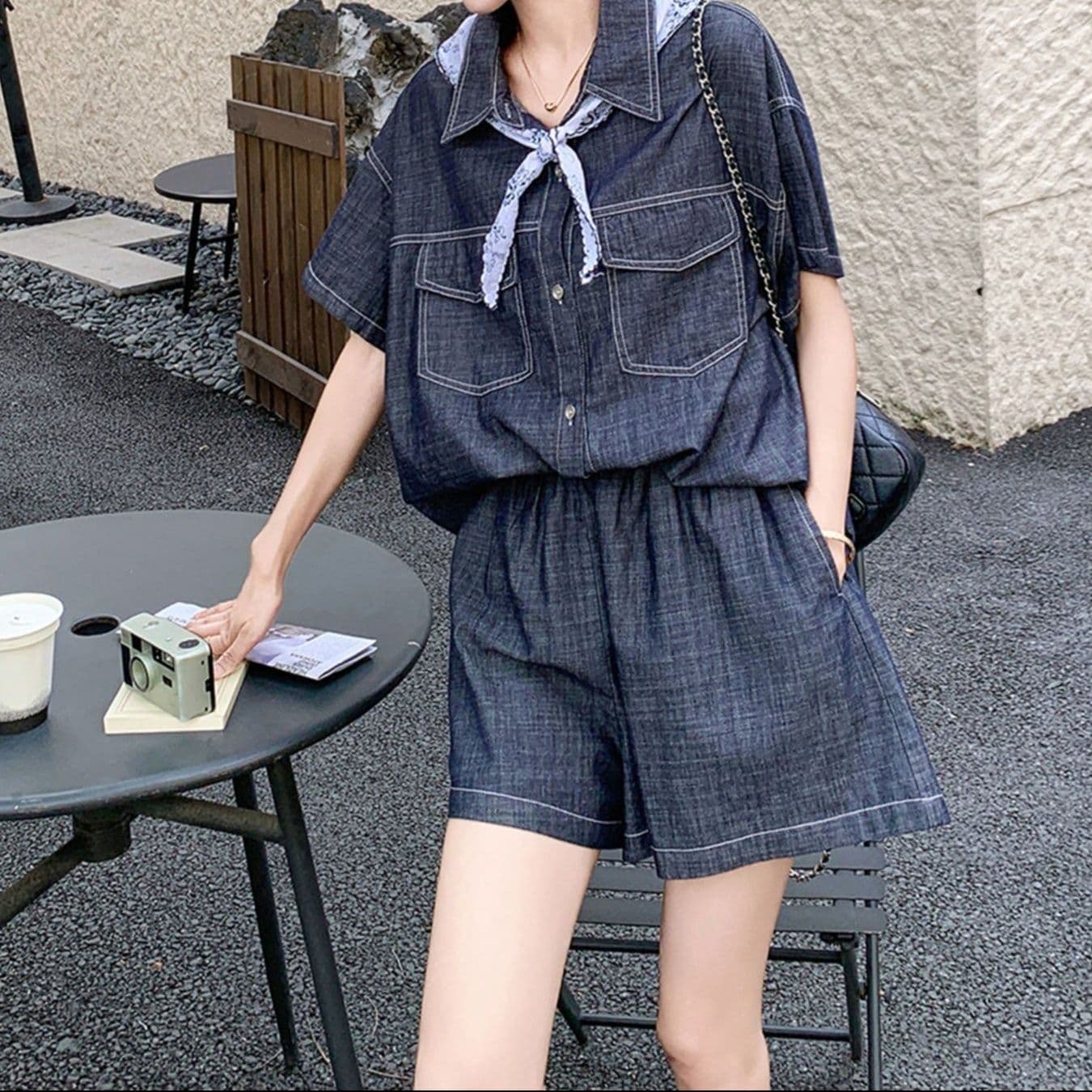 クラシカルデニム半袖シャツ&ショートパンツ ゆったりきれいめ 濃紺高見えセットアップ