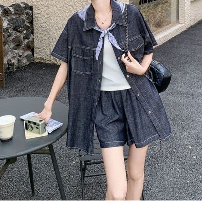 クラシカルデニム半袖シャツ&ショートパンツ ゆったりきれいめ 濃紺高見えセットアップ