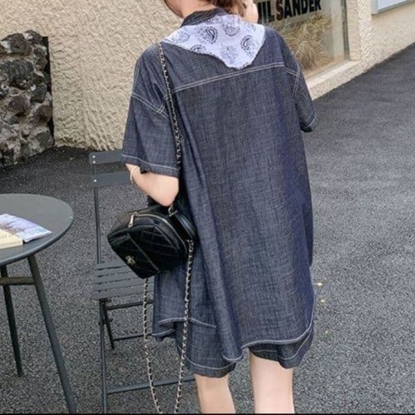 クラシカルデニム半袖シャツ&ショートパンツ ゆったりきれいめ 濃紺高見えセットアップ