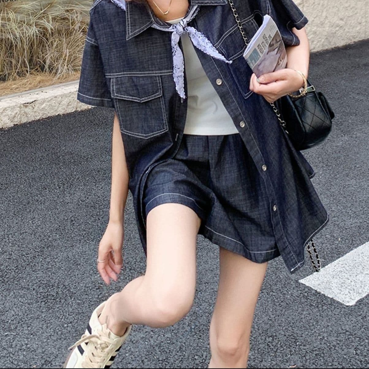 クラシカルデニム半袖シャツ&ショートパンツ ゆったりきれいめ 濃紺高見えセットアップ
