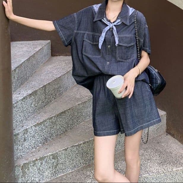 クラシカルデニム半袖シャツ&ショートパンツ ゆったりきれいめ 濃紺高見えセットアップ