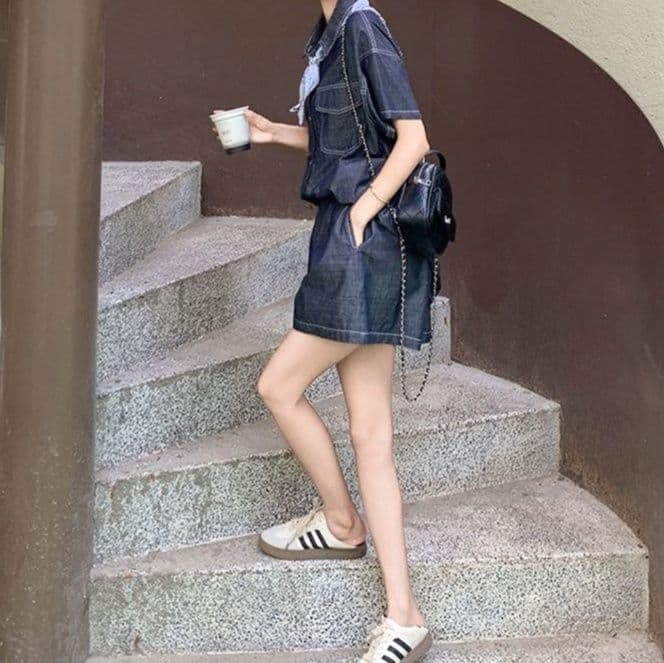 クラシカルデニム半袖シャツ&ショートパンツ ゆったりきれいめ 濃紺高見えセットアップ