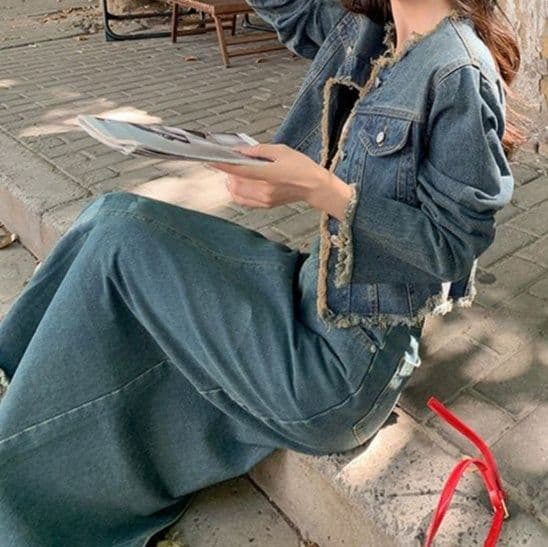 フリンジショートジャケット&ハイウエストロングスカート 大人かわいいレトロ風デニムセットアップ
