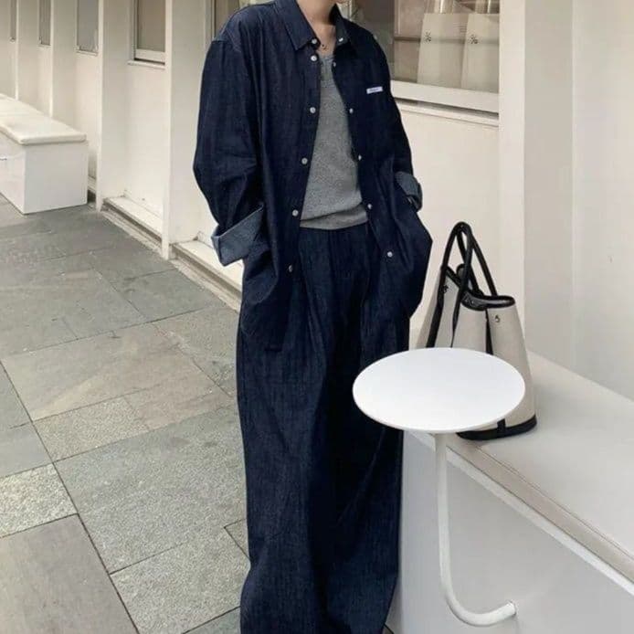 デニムセットアップ シンプルデニムシャツ&ワイドパンツ 着回し力抜群 きれいめカジュアル2点セット