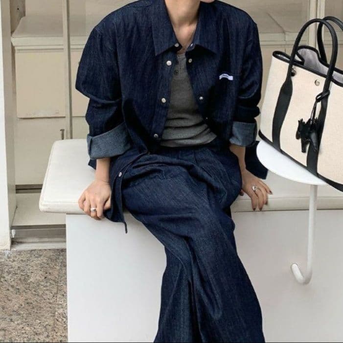 デニムセットアップ シンプルデニムシャツ&ワイドパンツ 着回し力抜群 きれいめカジュアル2点セット