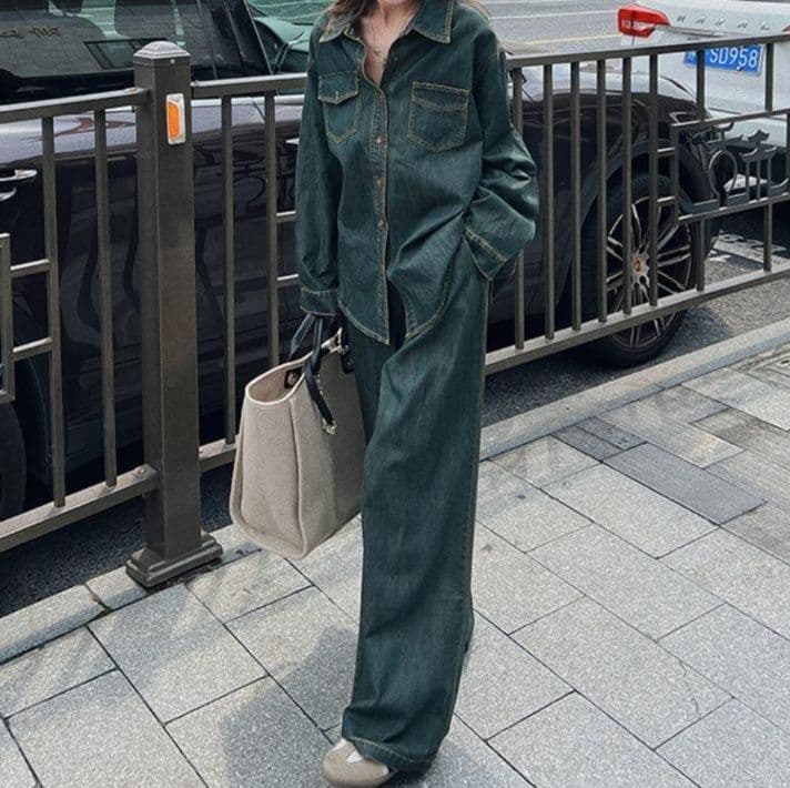 オーバーサイズデニムシャツ&ワイドパンツ 香港風レトロ垢抜けセットアップ