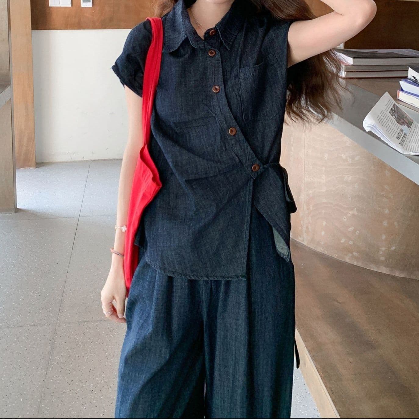 デニムセットアップ アシンメトリー半袖シャツ&ワイドパンツ 人とかぶらない高見えクール上下セット