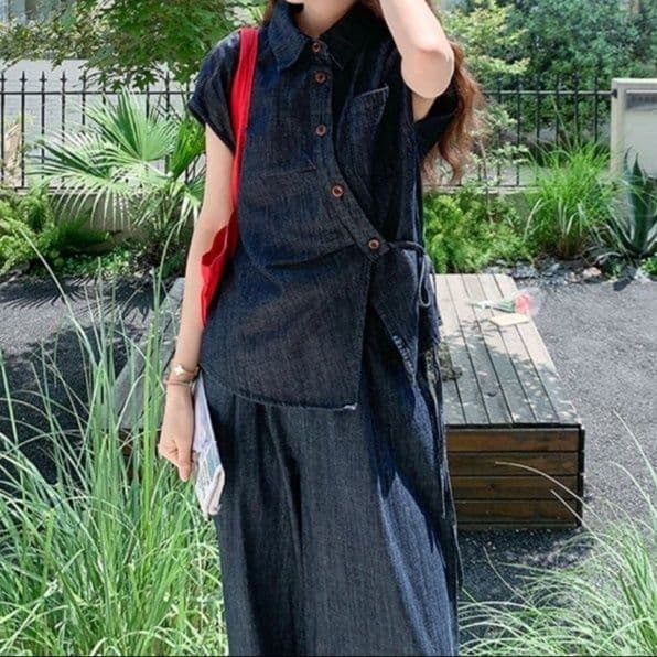 デニムセットアップ アシンメトリー半袖シャツ&ワイドパンツ 人とかぶらない高見えクール上下セット
