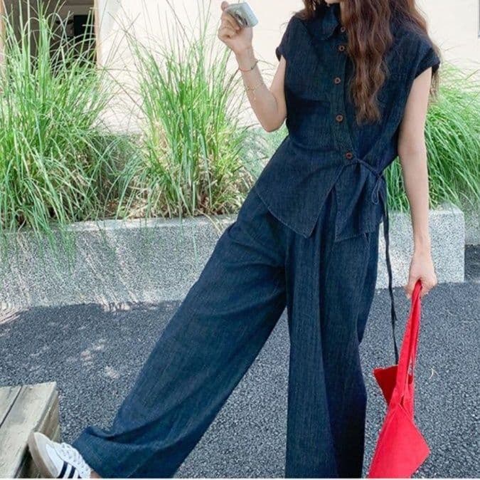 デニムセットアップ アシンメトリー半袖シャツ&ワイドパンツ 人とかぶらない高見えクール上下セット