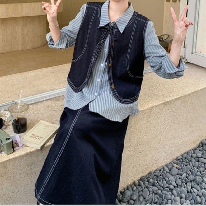 デニムセットアップ クラシカルベスト×ストライプシャツ×フレアロングスカート きれいめ可愛い韓国風スリーピースセット