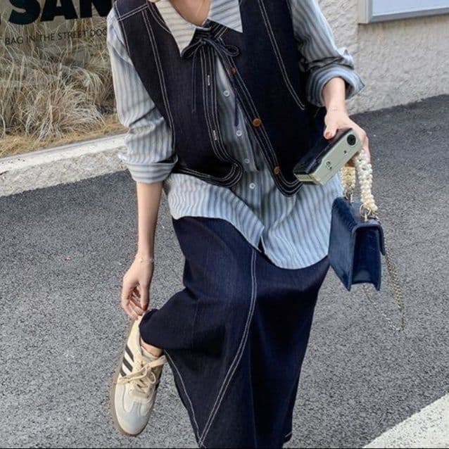 デニムセットアップ クラシカルベスト×ストライプシャツ×フレアロングスカート きれいめ可愛い韓国風スリーピースセット