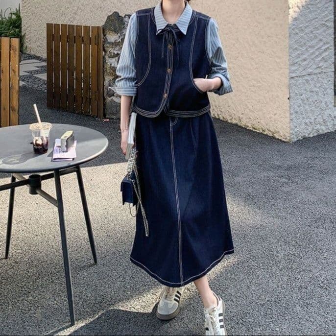 デニムセットアップ クラシカルベスト×ストライプシャツ×フレアロングスカート きれいめ可愛い韓国風スリーピースセット