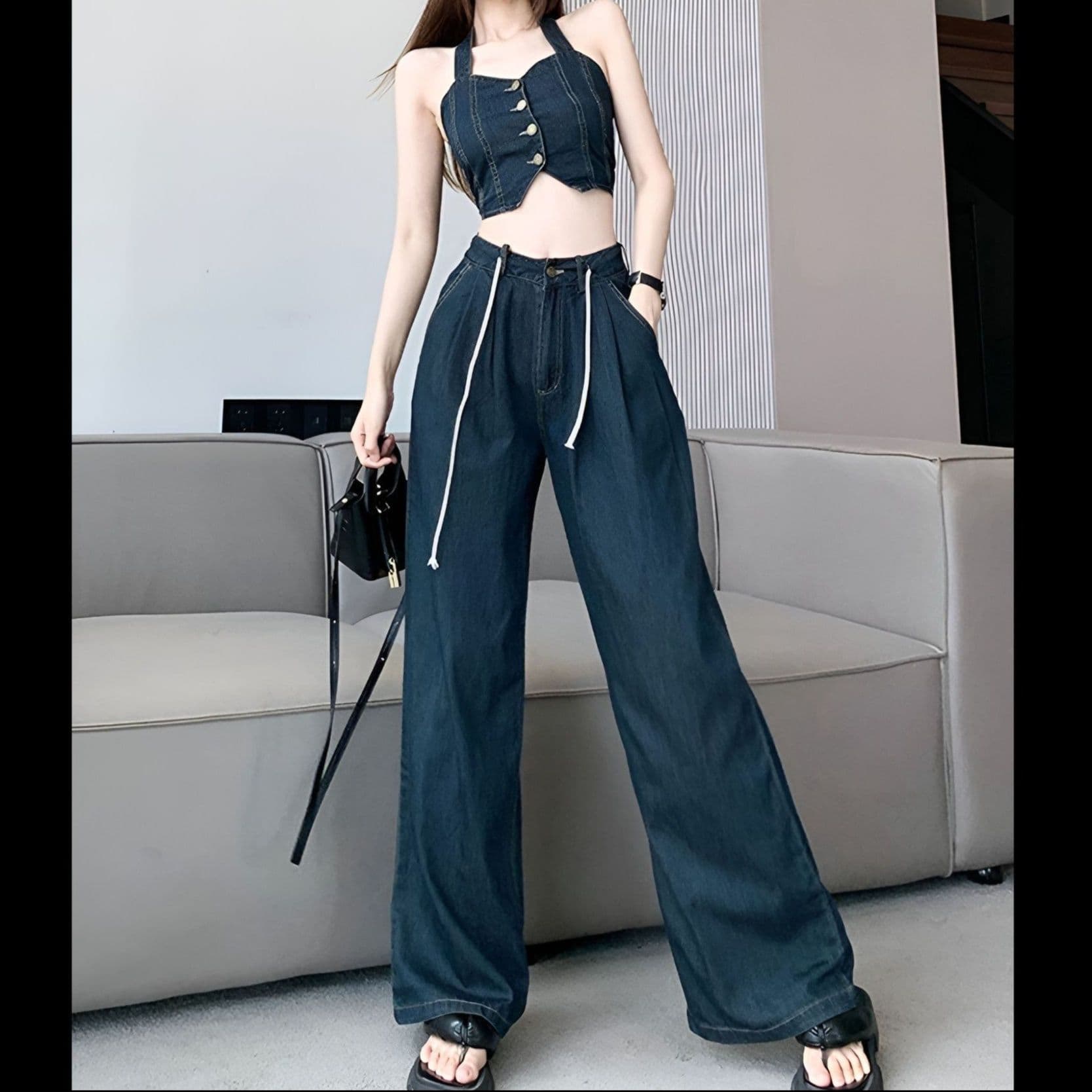デニムセットアップ ビスチェ風トップス&ワイドパンツ きれいめ肌見せY2K上下セット