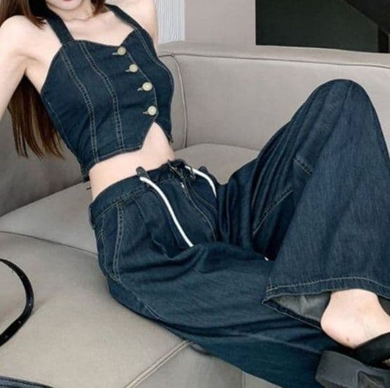 デニムセットアップ ビスチェ風トップス&ワイドパンツ きれいめ肌見せY2K上下セット