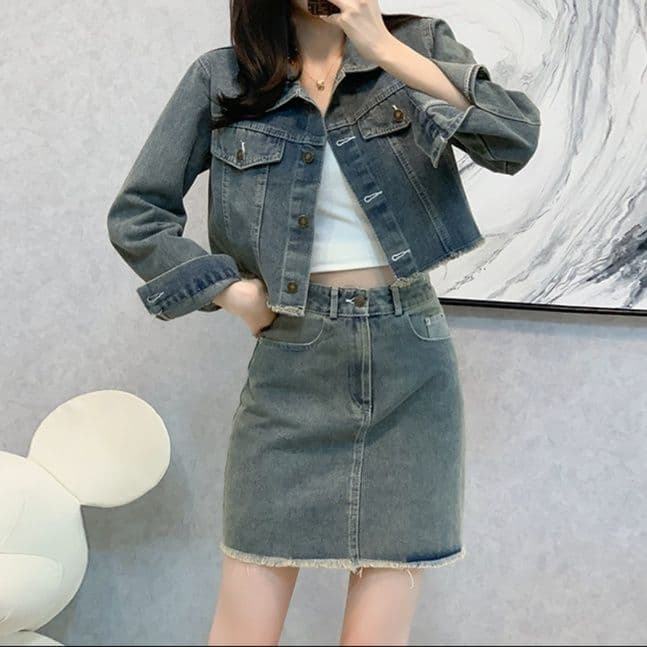 カットオフショートジャケット×Aラインミニスカート 小柄さん向け こなれ見えデニムセットアップ