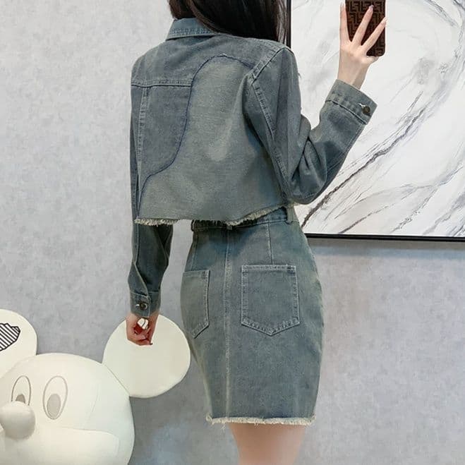 カットオフショートジャケット×Aラインミニスカート 小柄さん向け こなれ見えデニムセットアップ