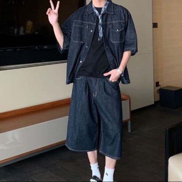 ゆったり半袖デニムシャツ×ワイドハーフパンツ クールカジュアルなメンズ向けデニムセットアップ(上下別売り)
