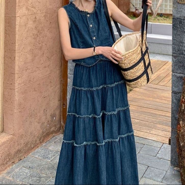 デニムセットアップ デニムベスト&ティアードフレアスカート ゆったり夏映え 大人フェミニン2点セット