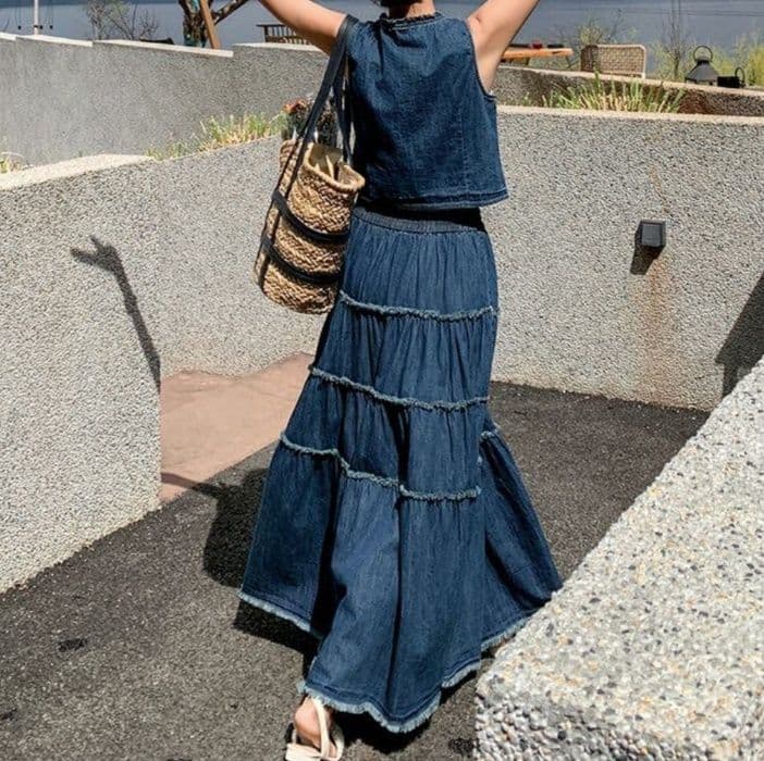 デニムセットアップ デニムベスト&ティアードフレアスカート ゆったり夏映え 大人フェミニン2点セット