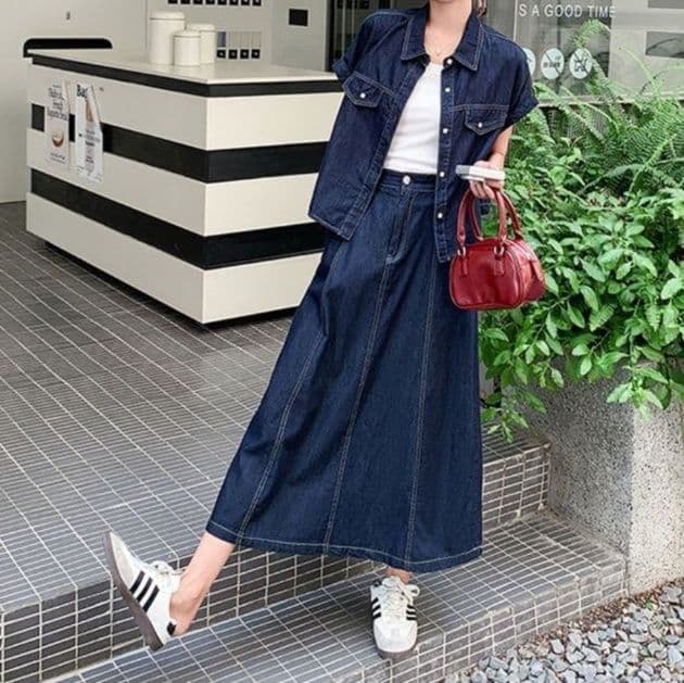 デニムセットアップ ゆったり半袖シャツ&フレアロングスカート 大人かわいい高見えツーピースセット