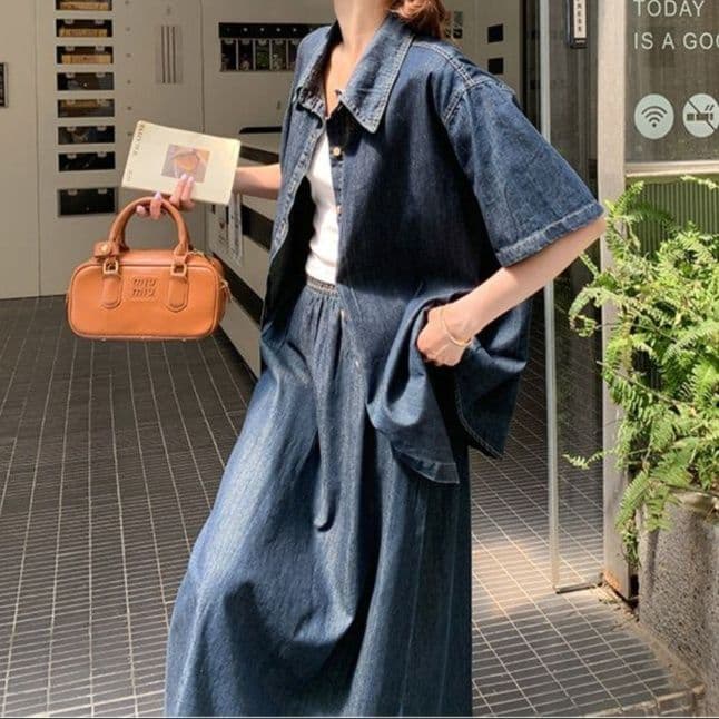 デニムセットアップ 夏向け半袖シャツ+ロングスカート 大人可愛い韓国風2点セット