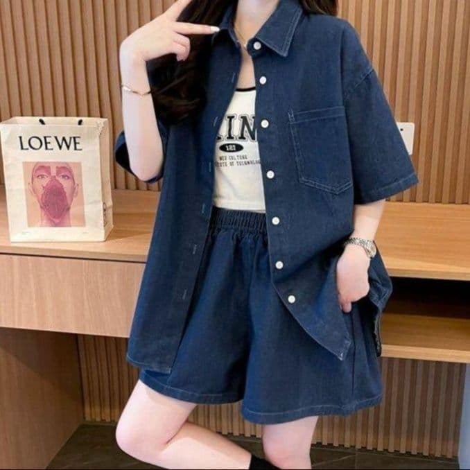 デニムセットアップ 半袖デニムシャツ&ショートパンツ 夏のリラックス上下セット