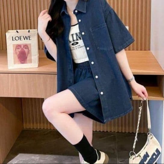 デニムセットアップ 半袖デニムシャツ&ショートパンツ 夏のリラックス上下セット