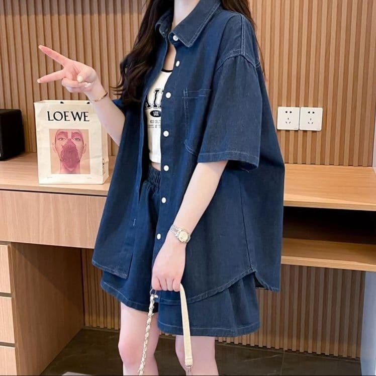 デニムセットアップ 半袖デニムシャツ&ショートパンツ 夏のリラックス上下セット