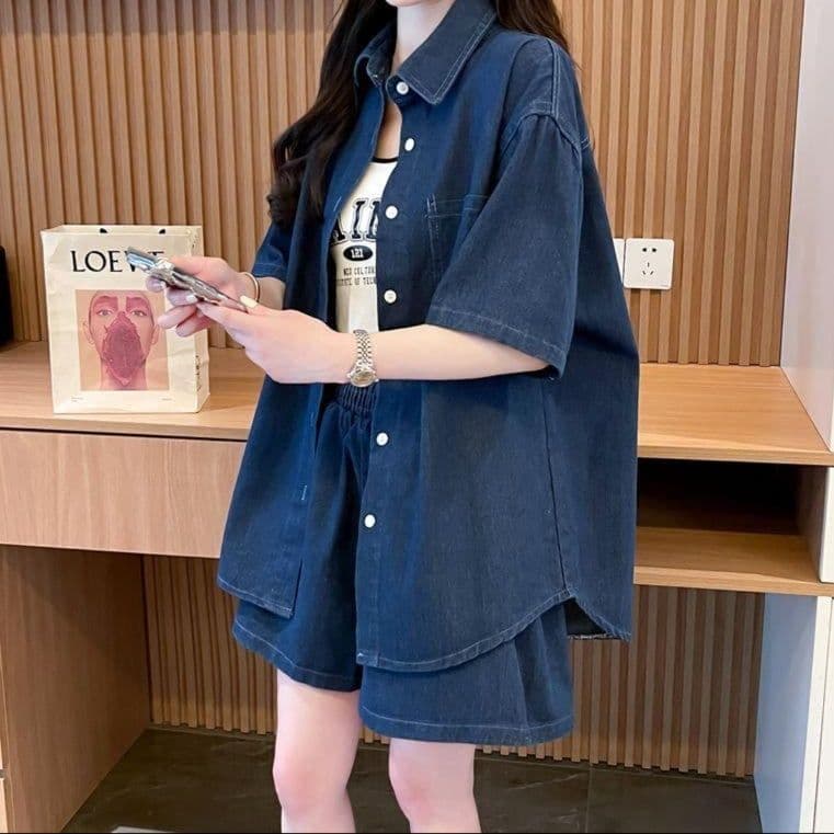 デニムセットアップ 半袖デニムシャツ&ショートパンツ 夏のリラックス上下セット